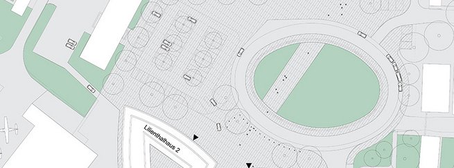 Stadtplan von Lilienthalplatz mit Gebäuden, Straßen und einem ovalen Parkbereich in der Mitte.